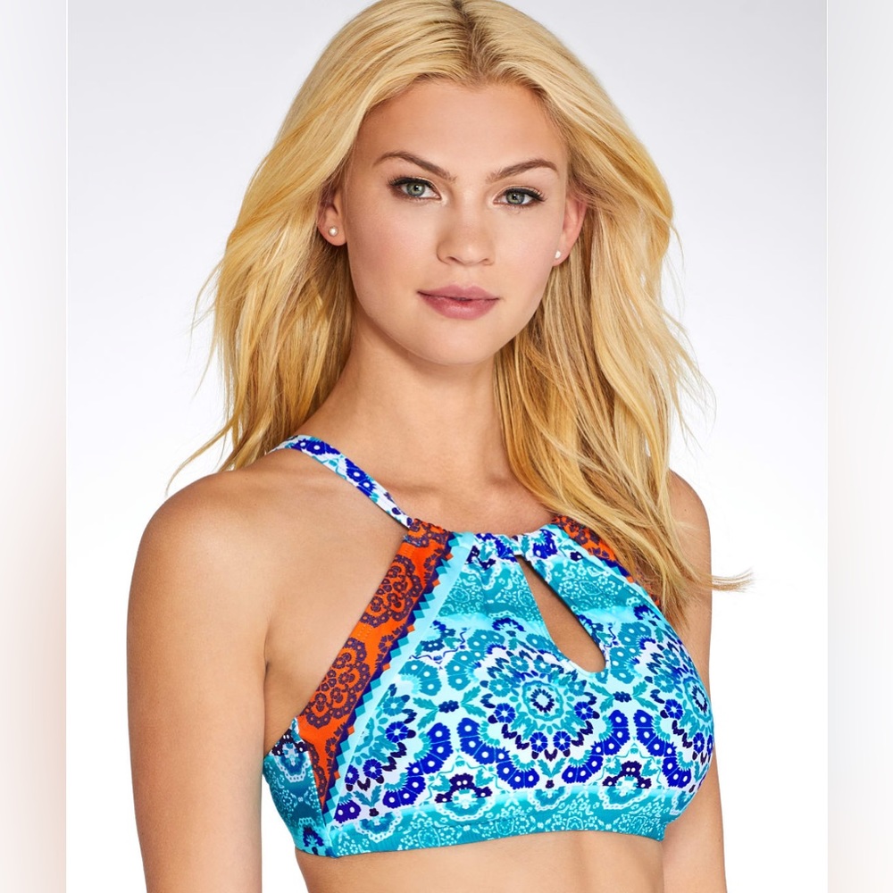 NWT La Blanca High Neck Bikini Top Blue Orange Multi Size 14